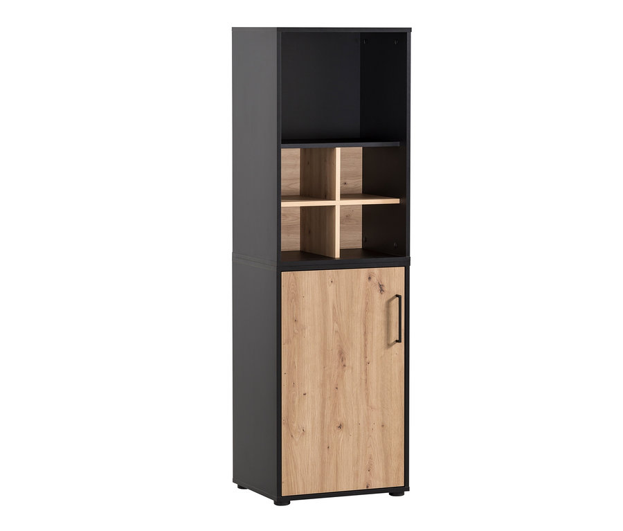 Schwarzer Schrank mit Regalen und einer Holztür. Sichtbar sind das schmale Regal »Aino«, der Aktenschrank »Aino« und das Regalkreuz »Aino«.