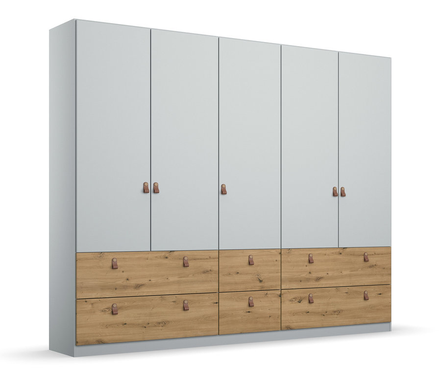 Grauer, fünftüriger Drehtürenschrank Homey von rauch mit Holzschubladen.
