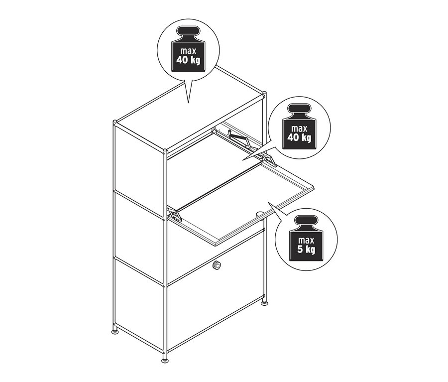 Skizze einer »CN3« Kommode mit 3 Klappfächern, wobei das obere und mittlere Fach geöffnet sind. Die maximale Belastung beträgt bei den oberen beiden Fächern 40 kg, beim unteren Fach 5 kg.