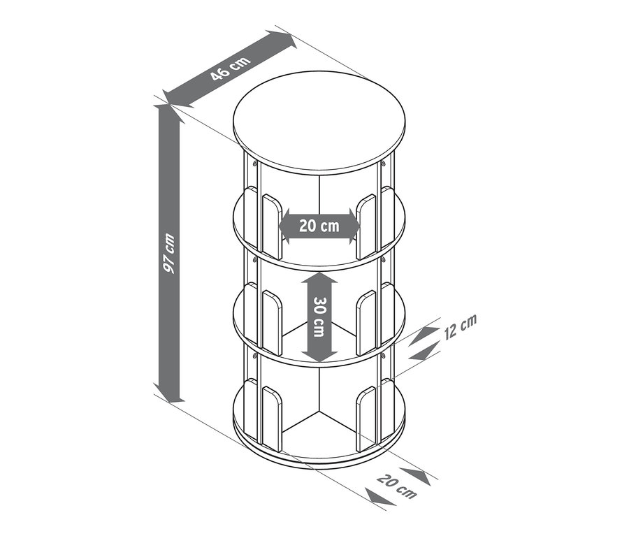 Skizze eines drehbaren Bücherregals mit den Maßen 46 cm x 97 cm.
