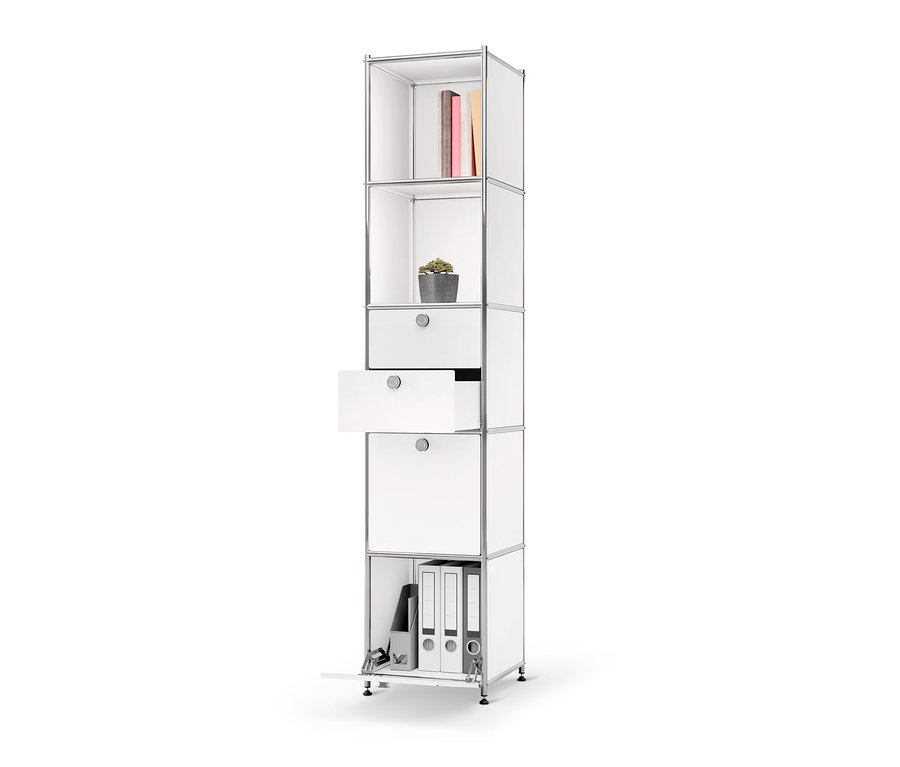 Weißes Regal Metall »CN3« mit 2 Klappenfächern, 2 Schubladen, Büchern, Pflanze und Ordnern.