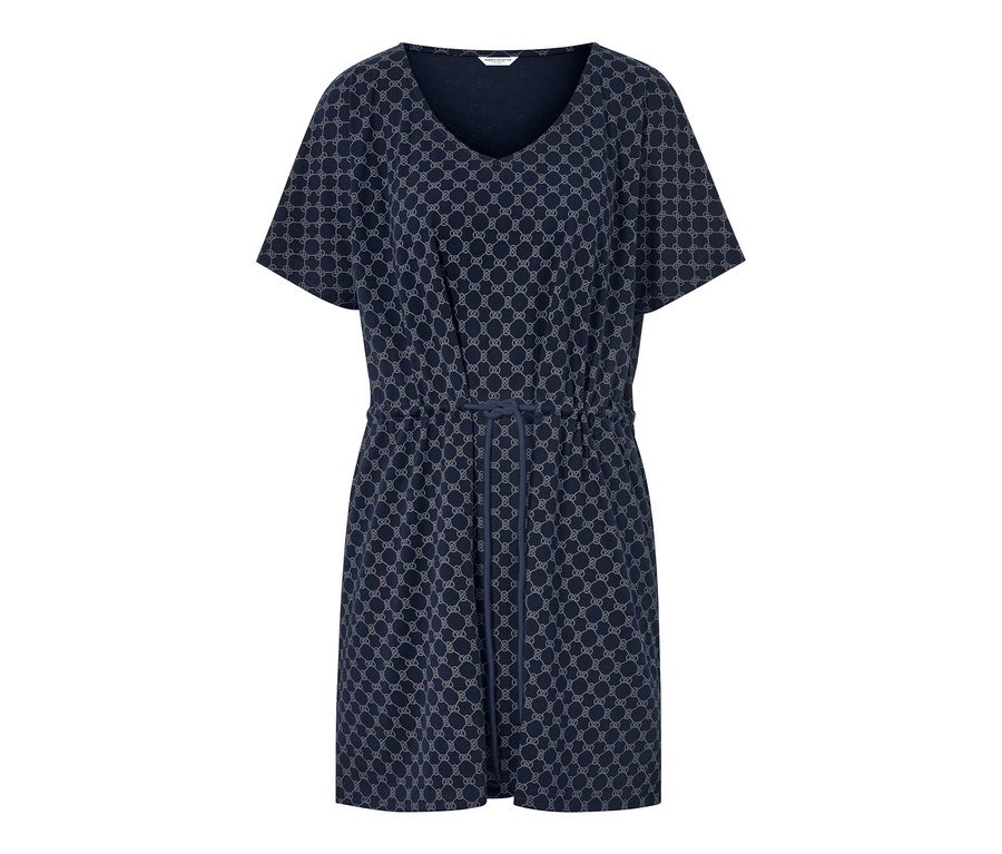 Dunkelblaue Strandtunika mit kurzen Ärmeln und Muster.