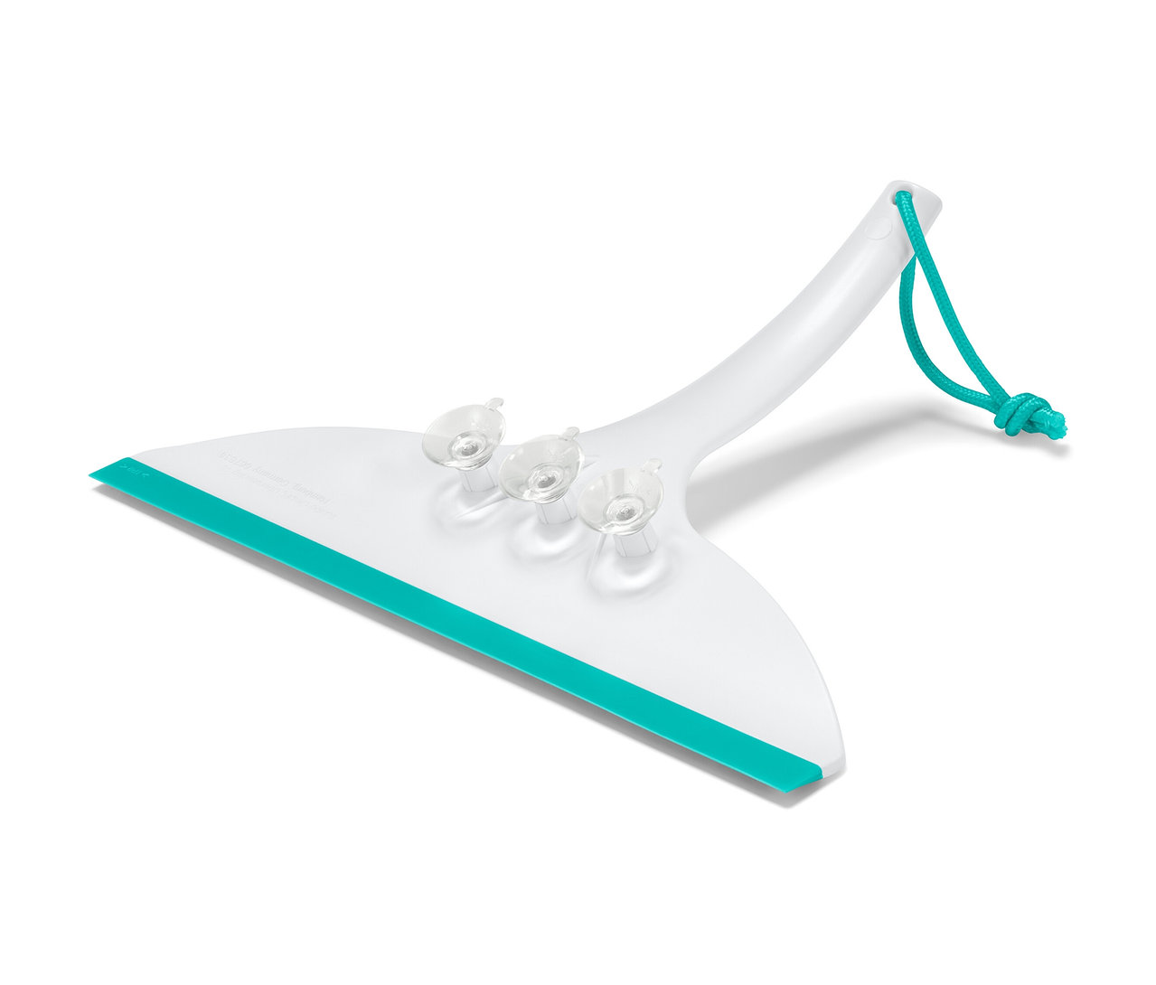 Weißer Badwischer mit türkisfarbener Gummilippe, drei Saugnäpfen und türkisfarbener Schnur.