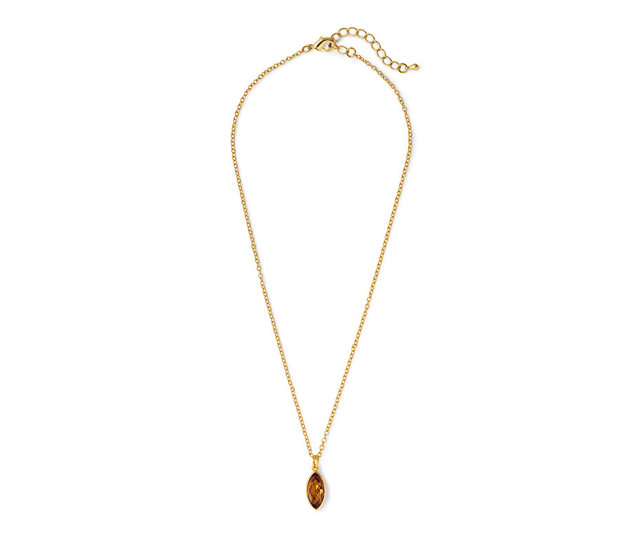 Goldene Kette mit einem braunen Navette-Kristall.
