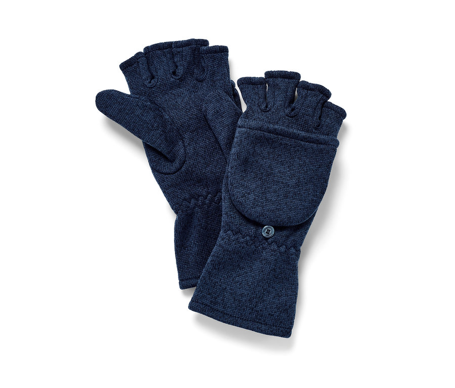 Zwei dunkelblaue Strickfleece-Klappfäustlinge.