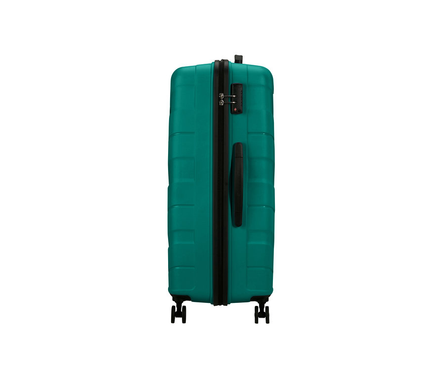 Detailansicht eines großen, sportlich blaugrünen American Tourister »Jetdriver 3.0« Koffers.