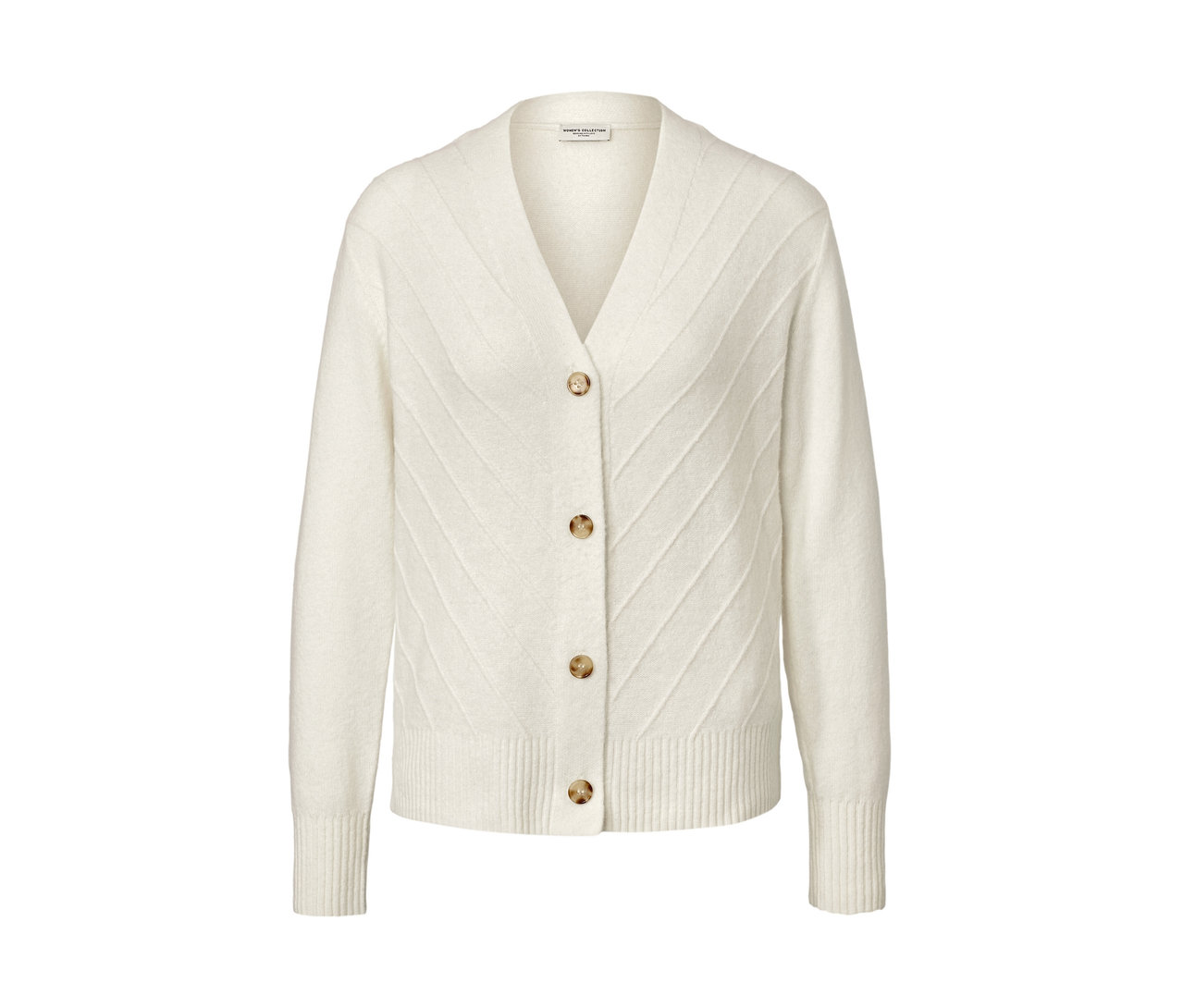 Cremeweißer Cardigan mit Strickstruktur.