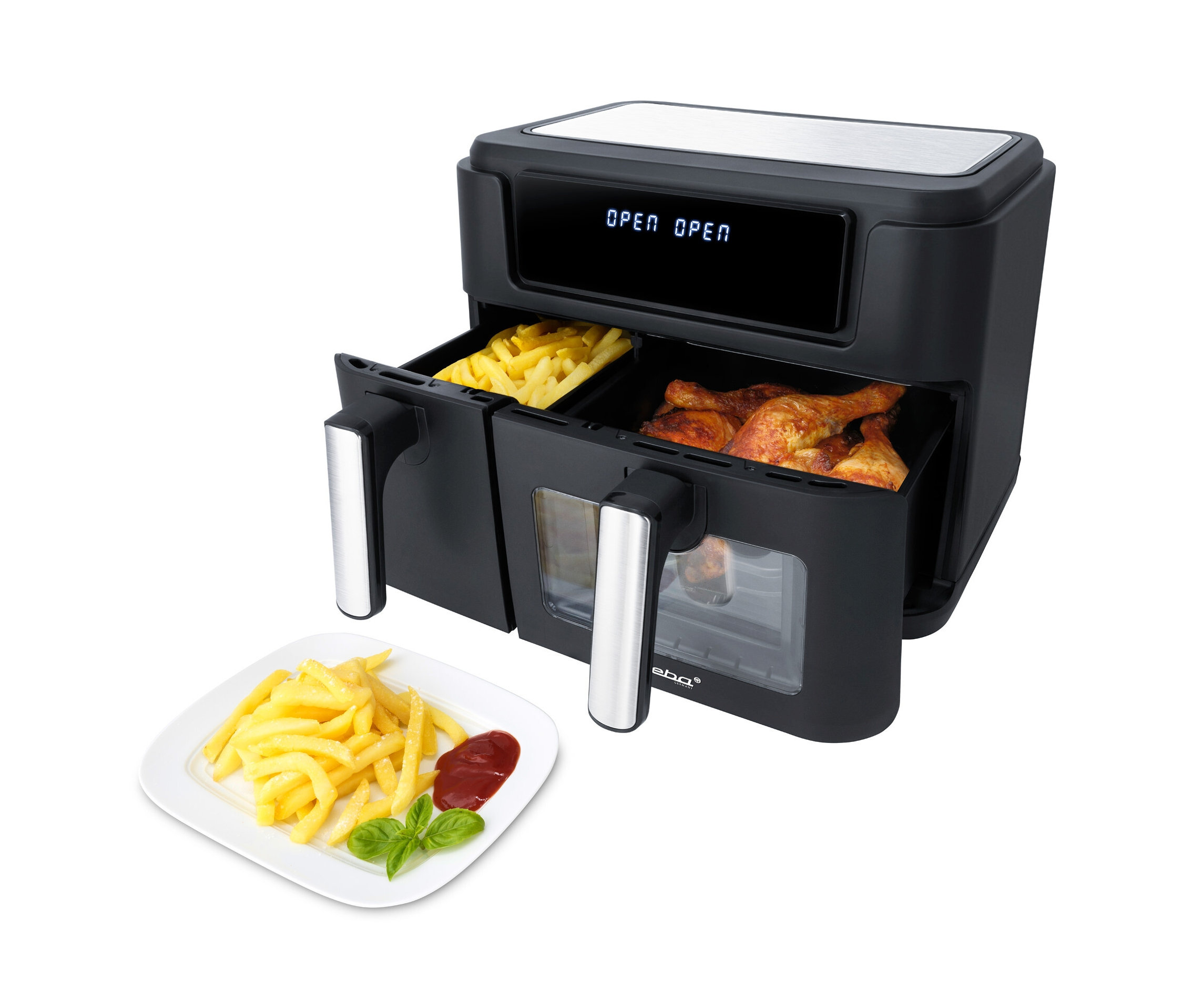 Eine schwarze Steba Doppel-Heißluftfritteuse mit zwei Schubladen, eine mit Pommes, die andere mit Hähnchenschenkeln.