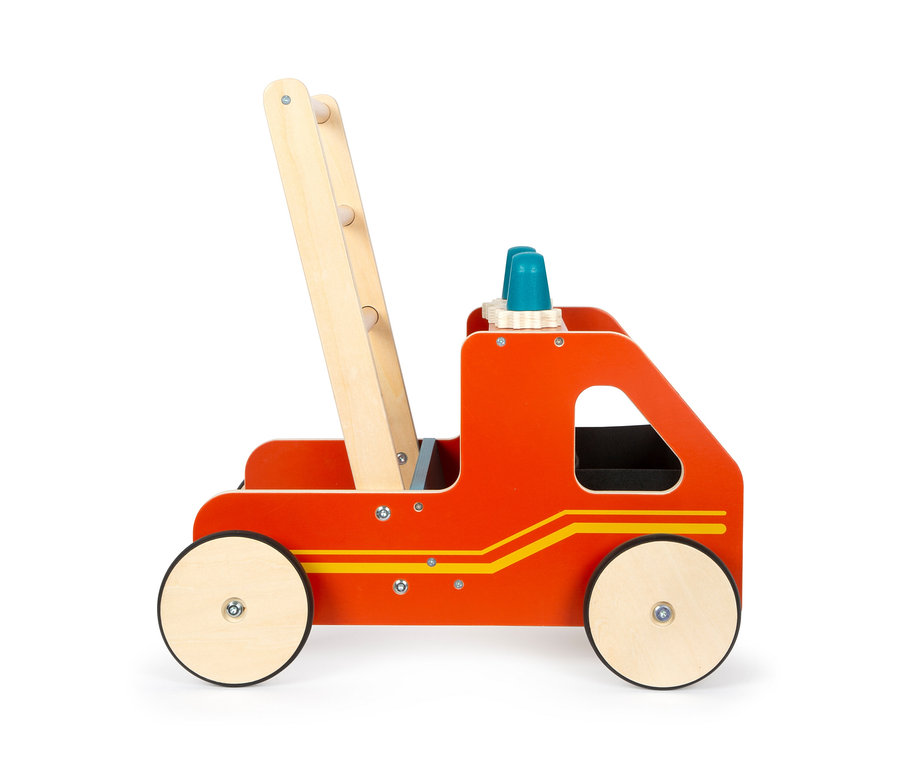 Roter small foot Lauflernwagen Feuerwehr aus Holz mit Leiter.