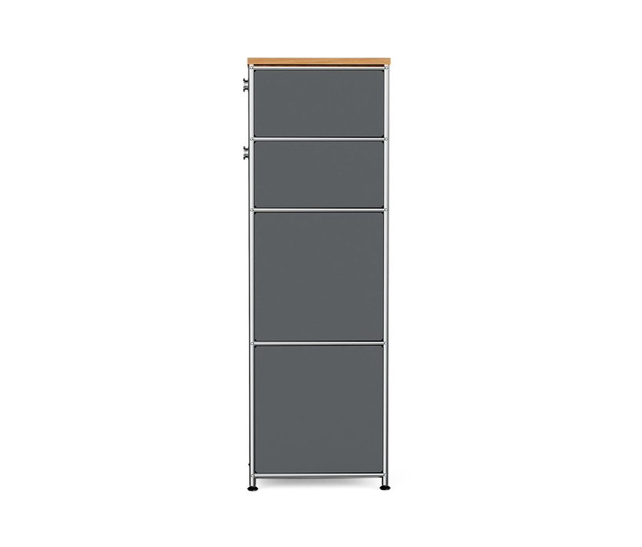 Schmale graue Metallkommode »CN3« mit Holzplatte und zwei Schubladen.