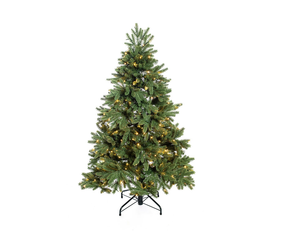 Ein 150 cm hoher, künstlicher Weihnachtsbaum »Roswell« mit LED-Lichterkette steht vor einem weißen Hintergrund.