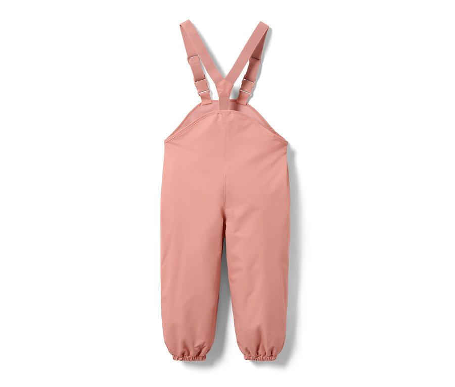 Rosa Kinder-Thermo-Regenhose mit Latz und verstellbaren Trägern.