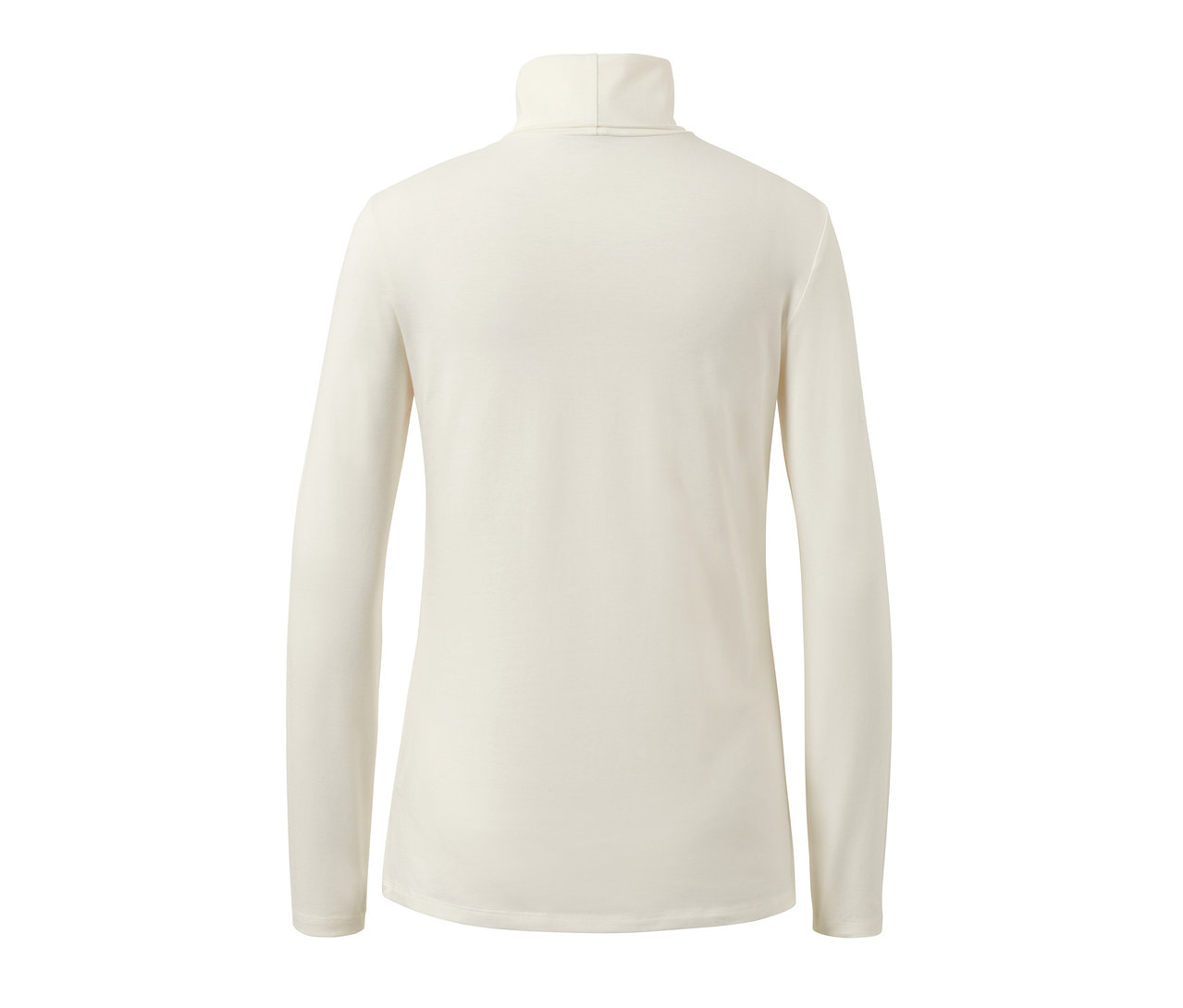 Detailansicht von hinten: Cremefarbenes Rollkragenshirt.