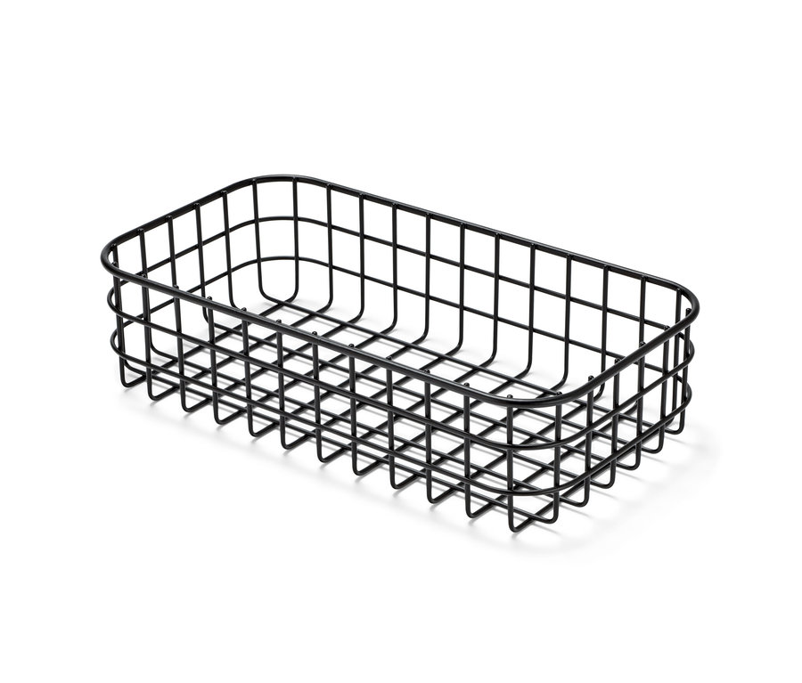 Ein schwarzer Draht-Aufbewahrungskorb.