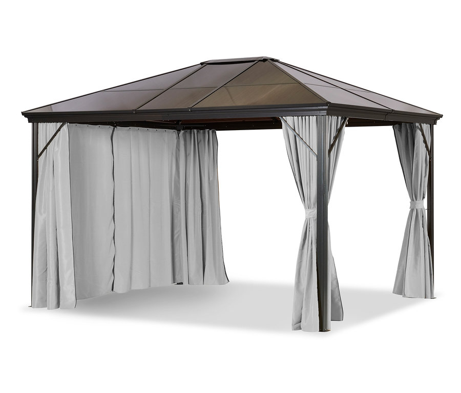 Ein hellgrauer Profi-Pavillon, 300 x 365 cm, mit braunem Dach und Vorhängen.