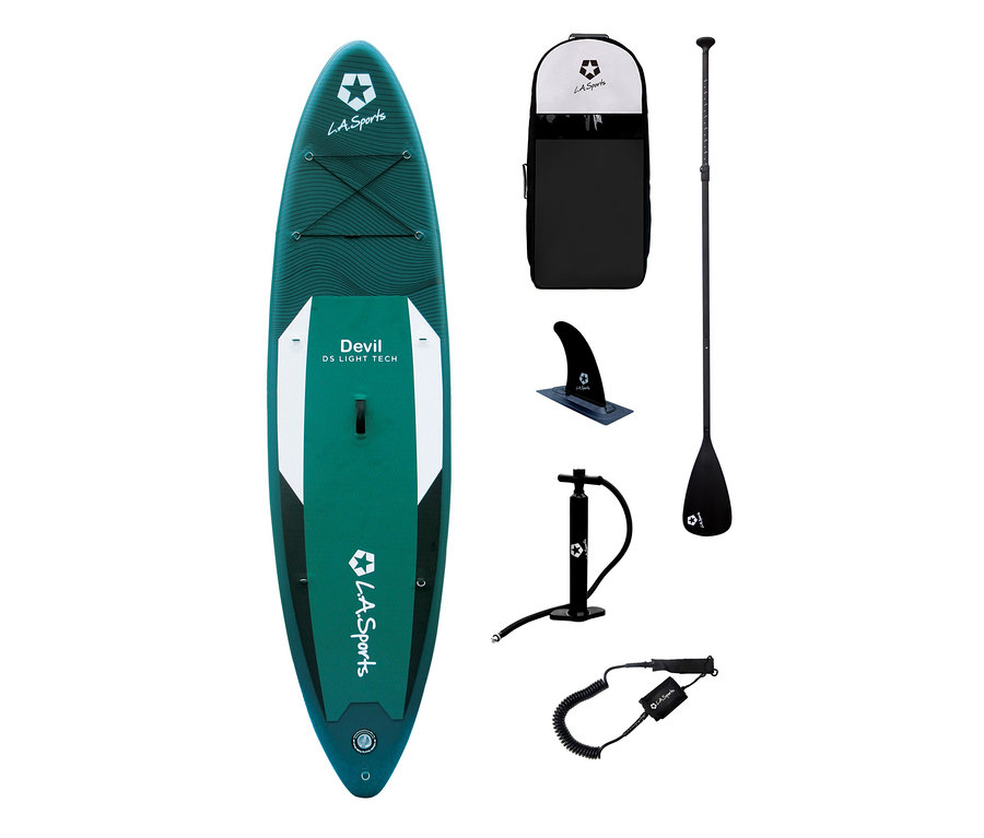 Grünes SUP-Board »Devil«, Pumpe, Paddel, Finne, Leine und Tasche.