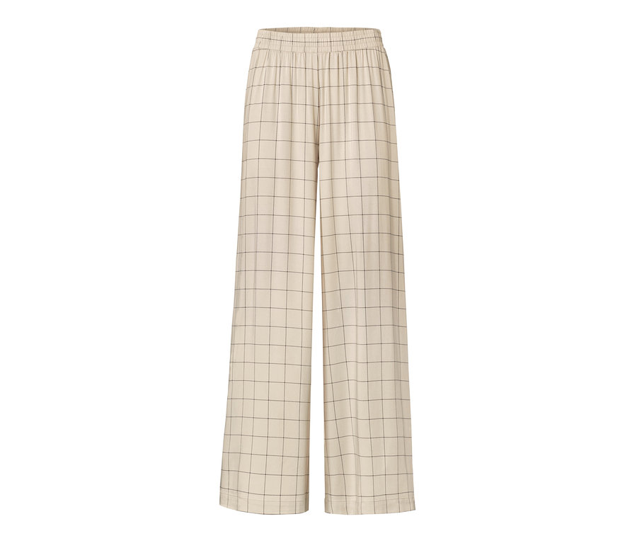 Beige Relaxhose mit schwarzem Karomuster.