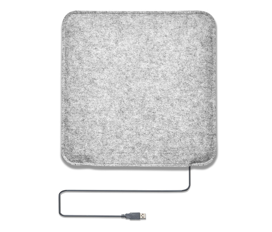 Ein graues, beheizbares Sitzkissen mit USB-Anschluss.