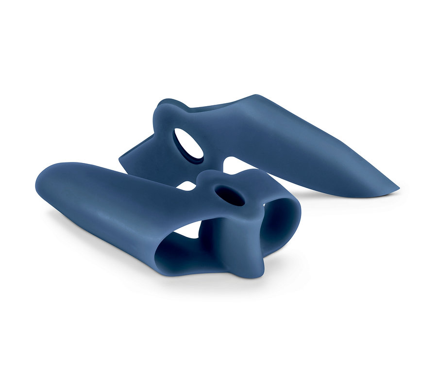 Zwei blaue Hallux-Valgus-Schutz liegen auf einem weißen Hintergrund.