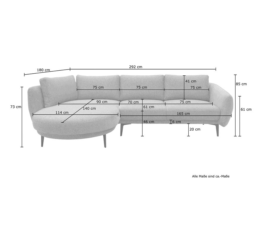 Abmessungsskizze des grauen DOMO Collection »Toledo« Ecksofas, links.