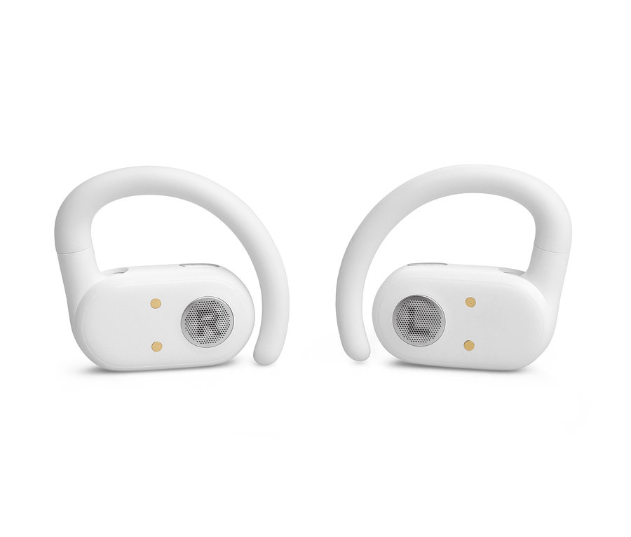 Zwei weiße JBL Soundgear Sense Kopfhörer auf weißem Hintergrund.
