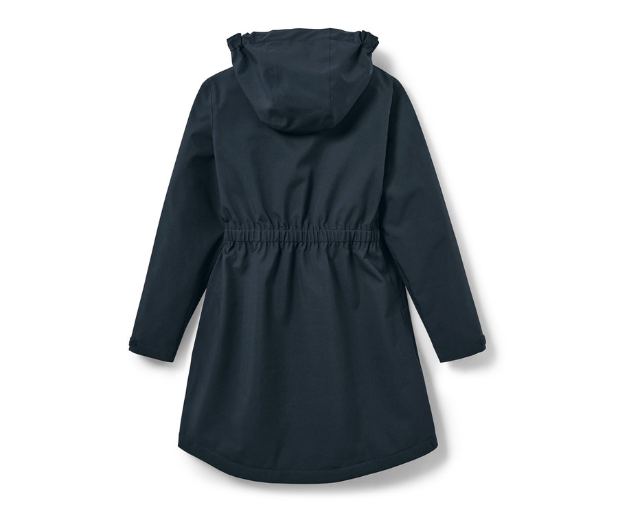 Dunkelblauer Kinder-Regenparka mit Kapuze von hinten.