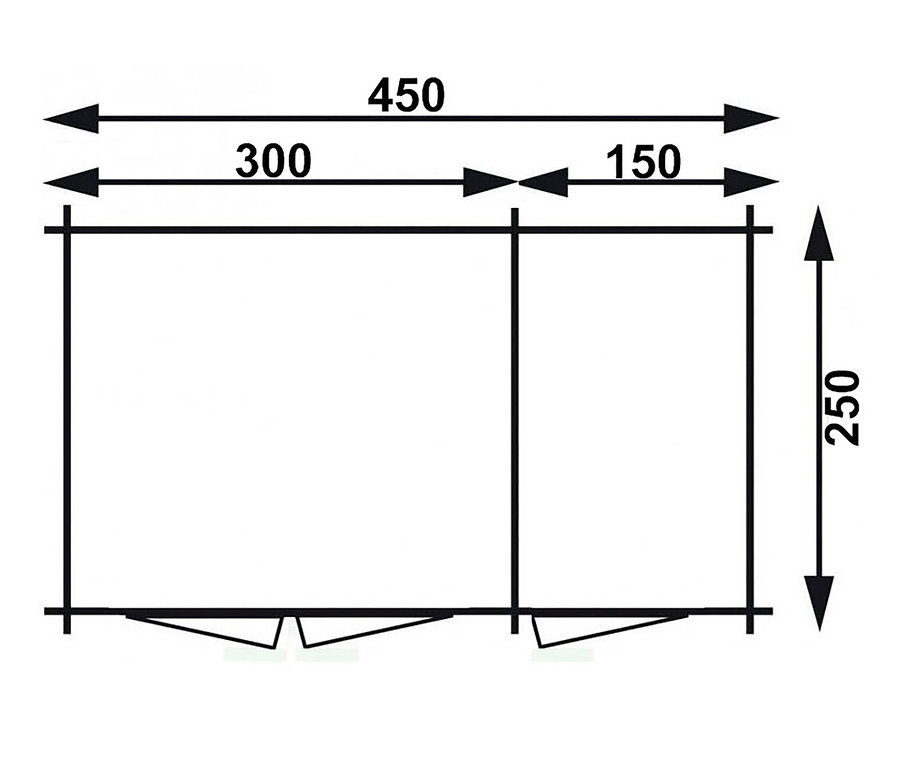 Draufsicht eines Gartenhauses mit 2 Räumen, 28 mm, mit den Massen 450x250.