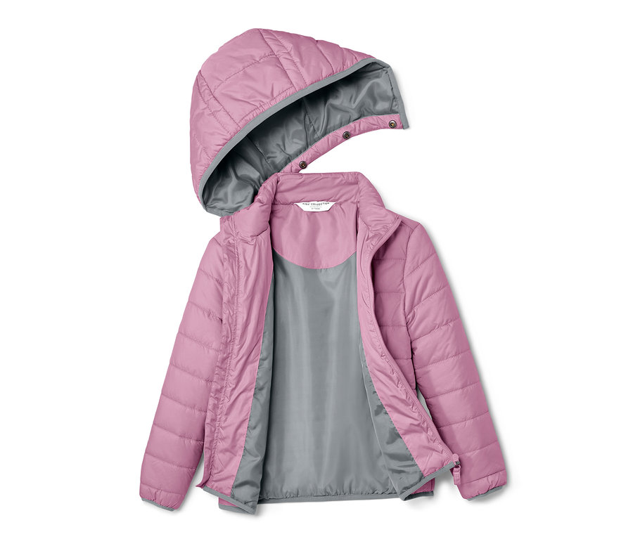 Violette Kinder-Steppjacke mit Kapuze und grauem Futter.