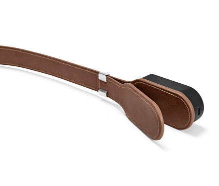 Detail einer Leselampe mit Clip, braunem Lederband und schwarzer Lampe.