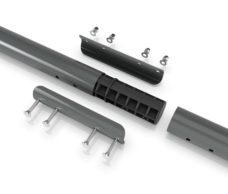 Teile eines grauen EXIT Klettergerüsts »MB310« auf weissem Hintergrund.