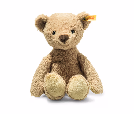Sitzender Teddybär mit brauner Nase und gelbem Etikett am Ohr.