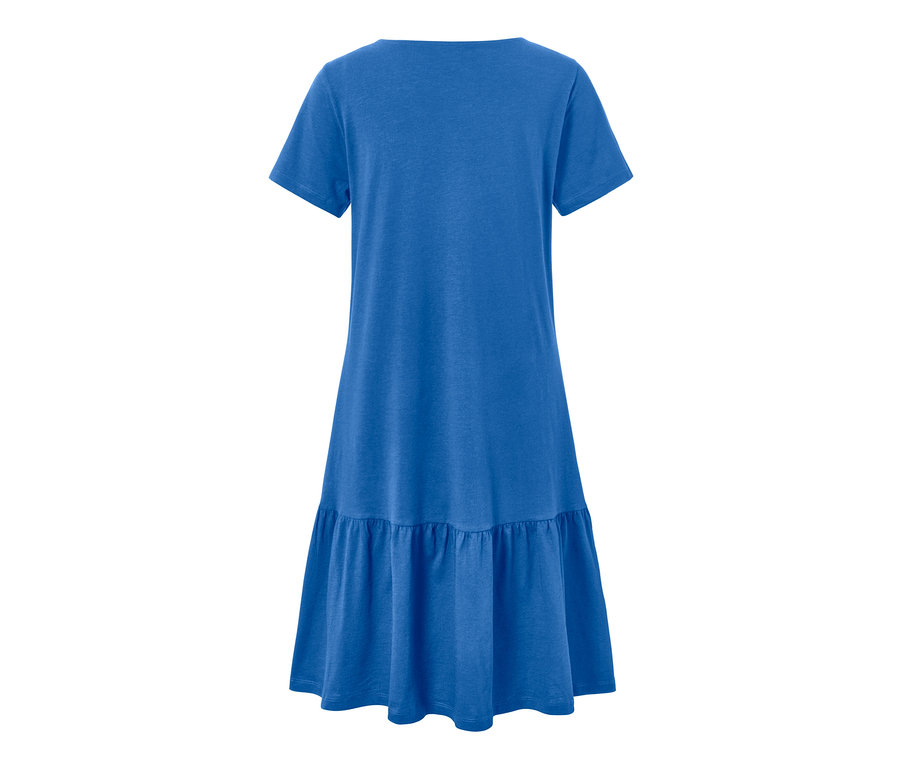 Blaues Jerseykleid mit Volant.