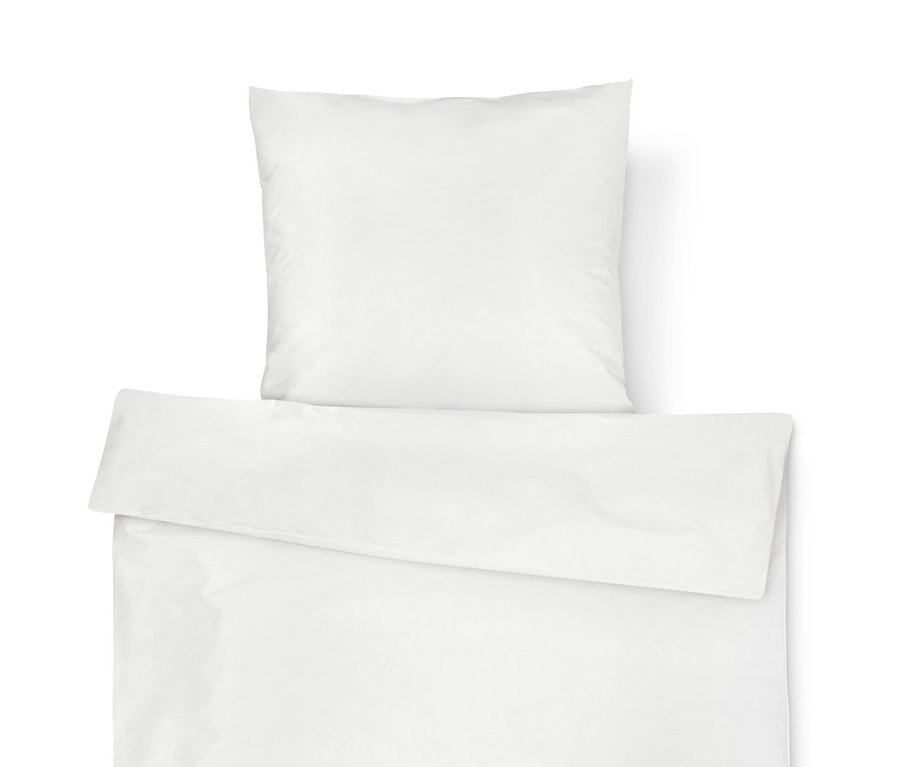 Ein weißer Anti-Milben-Bettschutzbezug in Normalgröße und ein Kissen.