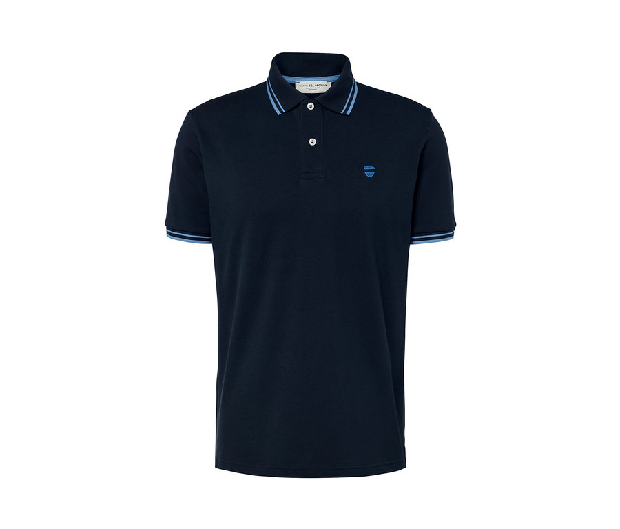 Dunkelblaues Piqué-Poloshirt mit kurzen Ärmeln und blauen Streifen an Kragen und Bündchen.