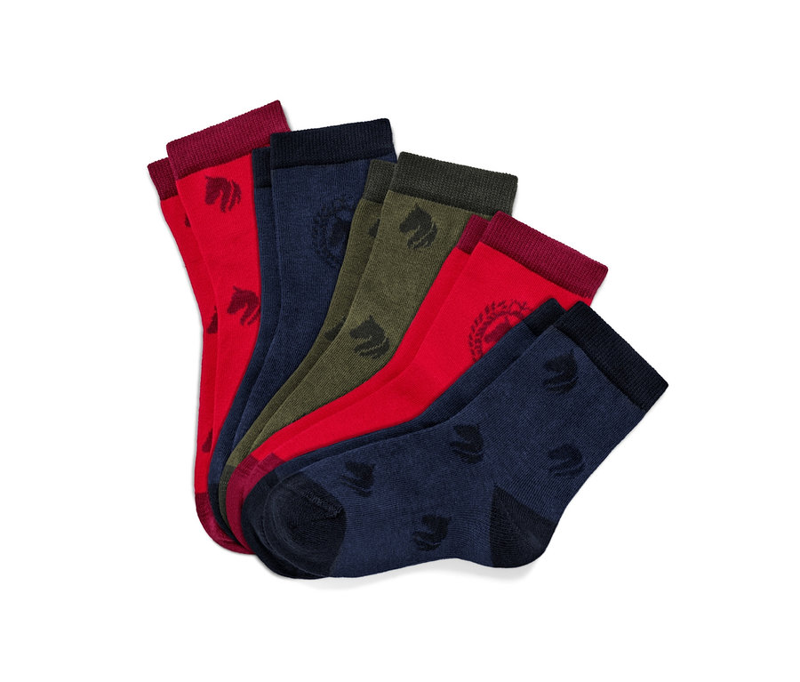 Fünf Paar Kinder-Socken in verschiedenen Farben mit Pferdemotiv.