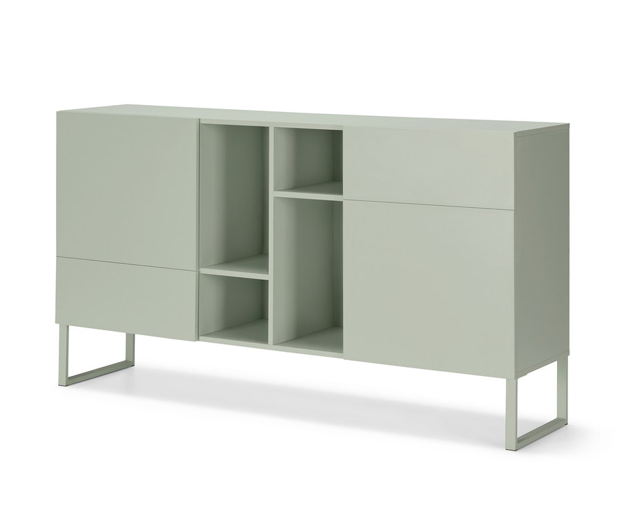 Hellgrünes, halboffenes Sideboard mit Kufen.