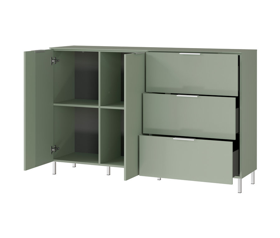 Grünes Sideboard "Kenora" mit offenem Schrankfach und drei Schubladen.