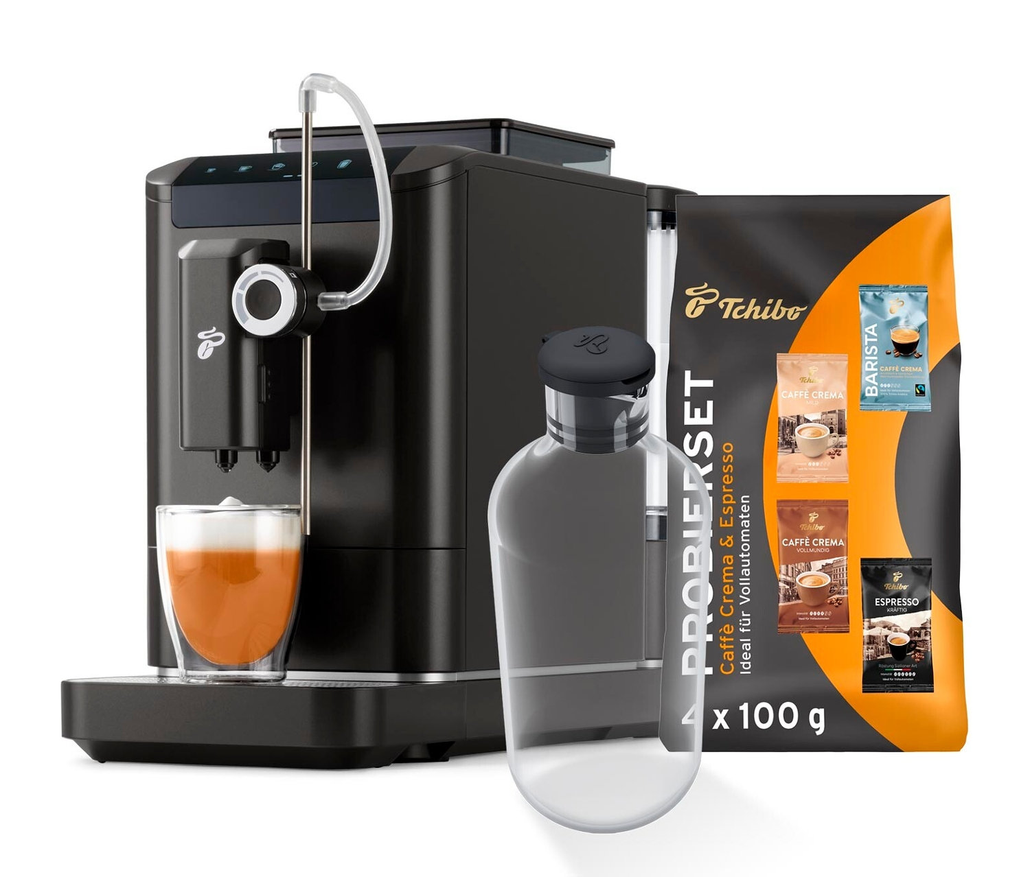 Ein schwarzer Kaffeevollautomat bereitet ein Getränk in einem Glas zu, daneben stehen eine Flasche und eine Kaffeepackung. Zu sehen ist das Esperto2 Milk Starter-Set.