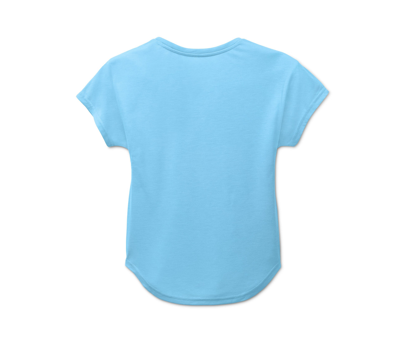 Helles, blaues Mädchen-Funktionsshirt mit kurzen Ärmeln.