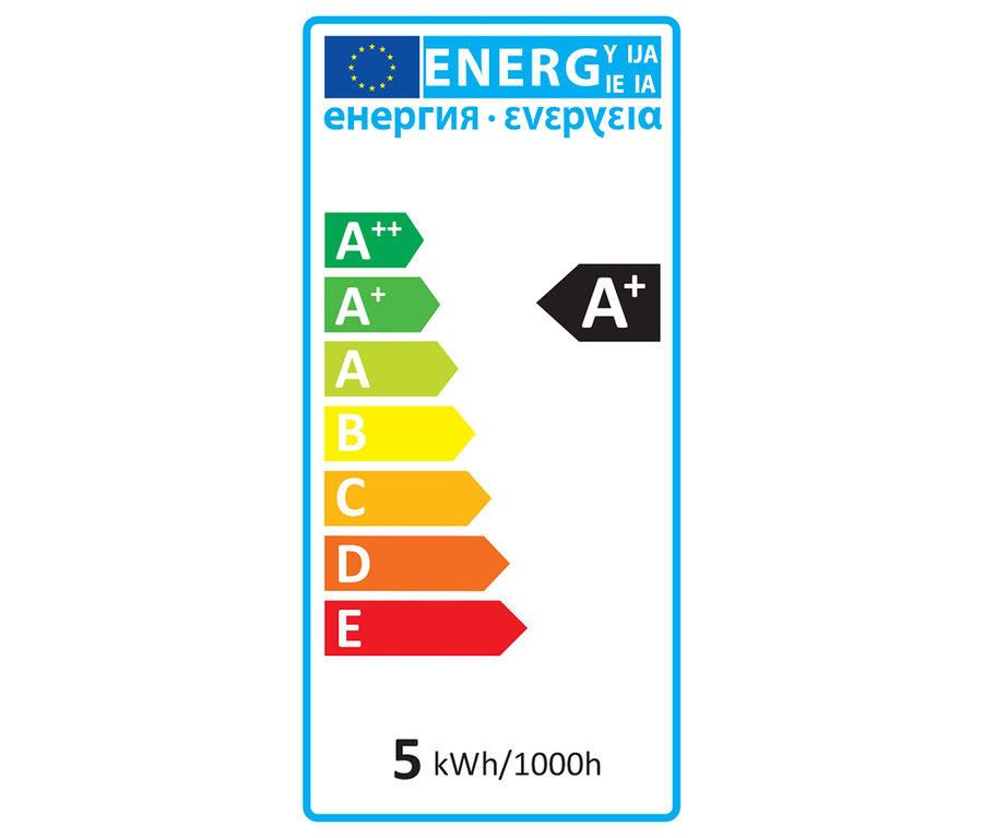 Energieetikett für LED-Deckenfluter mit Leselicht, A+ und 5 kWh/1000h.