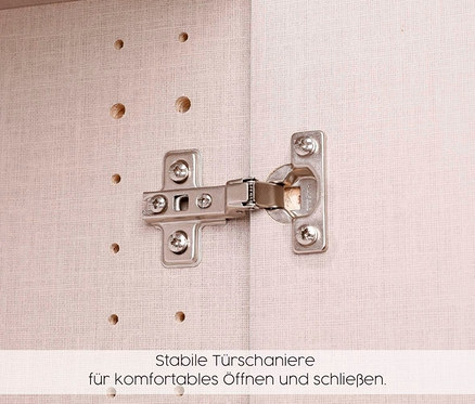 Detail eines silbernen Scharniers an einer weißen Schranktür des rauch Drehtürenschranks »Skandi«.