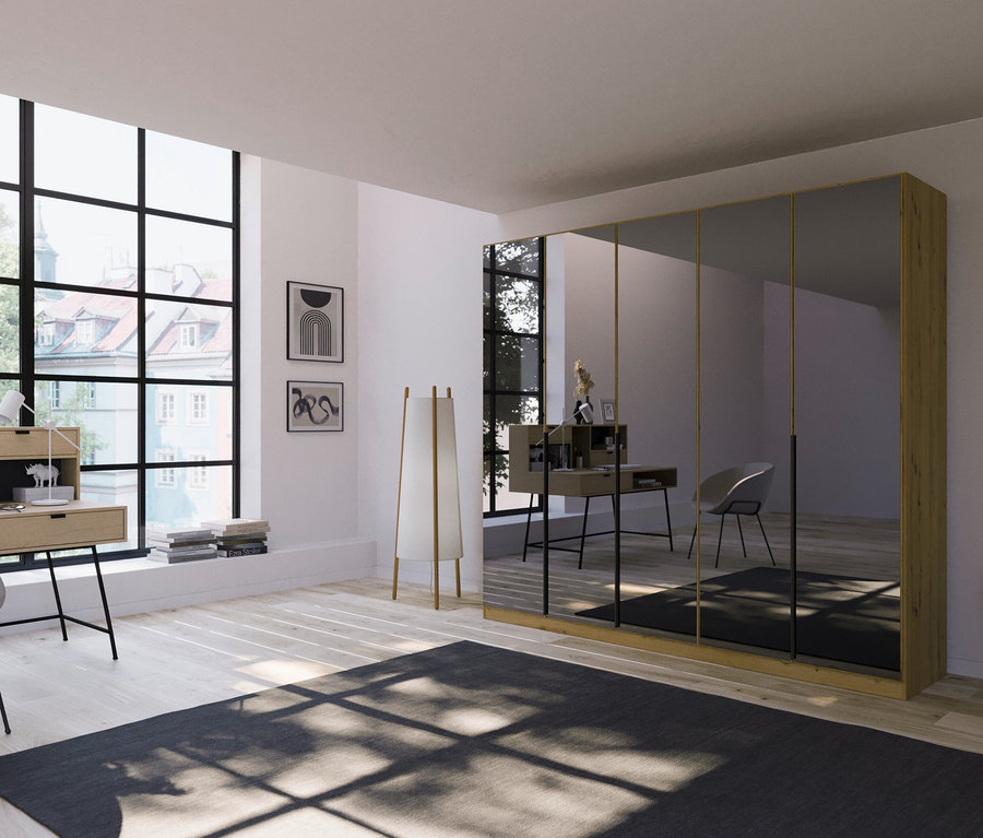 Zimmer mit Fenster, Schreibtisch und Rauch Kleiderschrank »Skyla«, 5-türig, eiche.