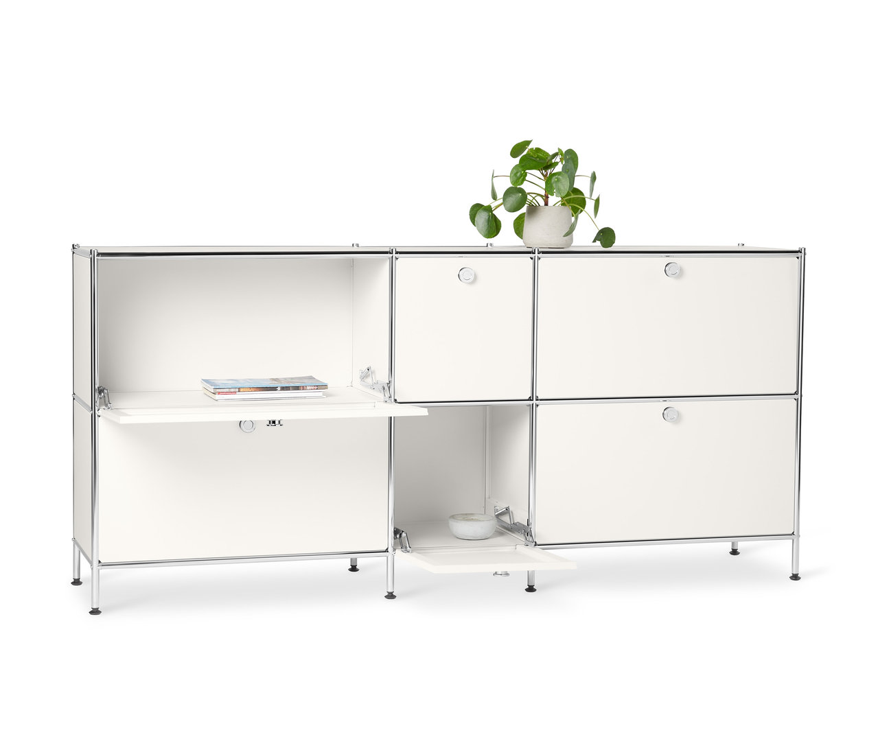 Weißes Sideboard Metall »CN3« groß mit 6 Klappenfächern und Pflanze.