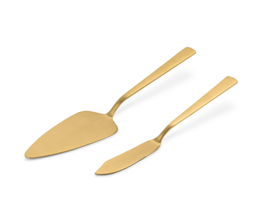 Ein goldenes, 2-teiliges Tortenbesteck liegt auf einem weißen Hintergrund.