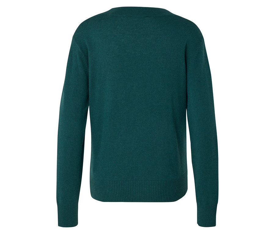 Rückansicht eines grünen Langarmpullovers.