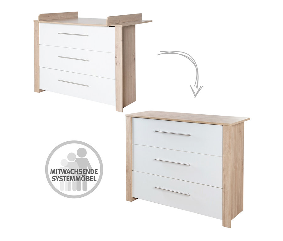 Zwei roba Wickelkommoden »Malo« mit drei Schubladen in Weiß und Holzoptik.
