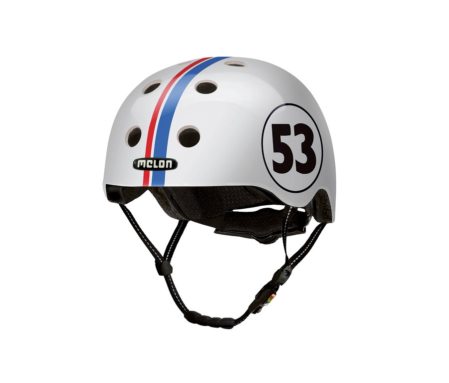 Weißer Melon Urban Active Fahrradhelm »Beetle« mit blauem und rotem Streifen und der Nummer 53.
