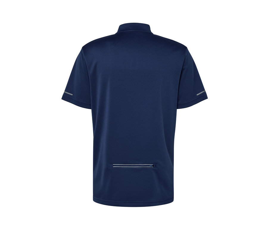 Dunkelblaues Fahrrad-Trikot mit kurzen Ärmeln und reflektierenden Details.