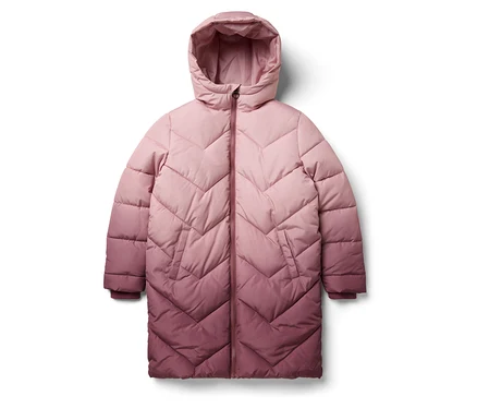 Rosa gesteppte Daunenjacke mit Kapuze und Reißverschluss.