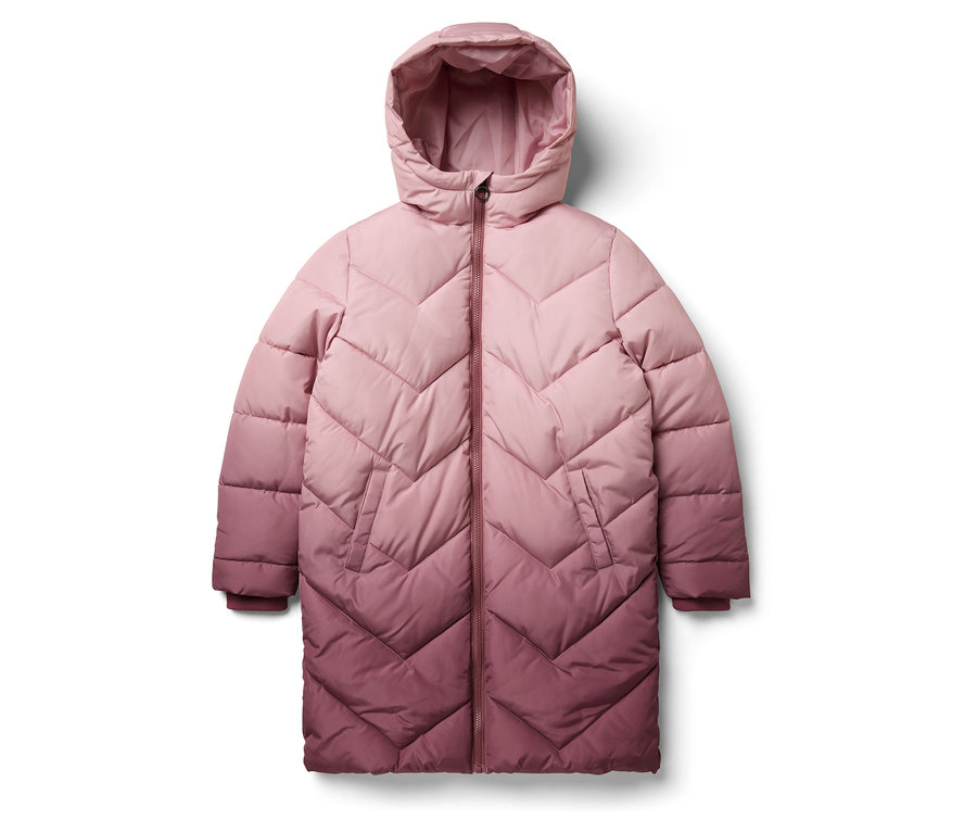 Rosa gesteppte Daunenjacke mit Kapuze und Reißverschluss.